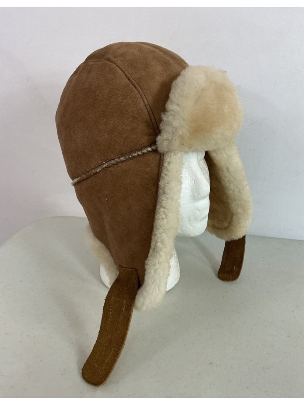 Vintage Shearling Sheepskin Trapper Hat Suede Aviator Brown Womens Medium